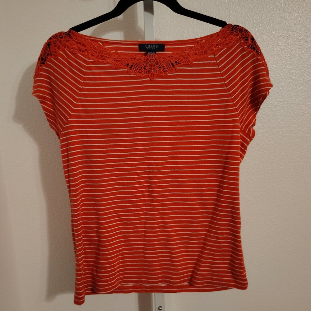Chaps Women's Short Sleeve Striped Top Size XL Cotton Lace Crochet Neckline